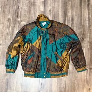 Vintage Bocoo Colorblock Windbreaker Jacket Gold Teal Floral Print Retro 90s M